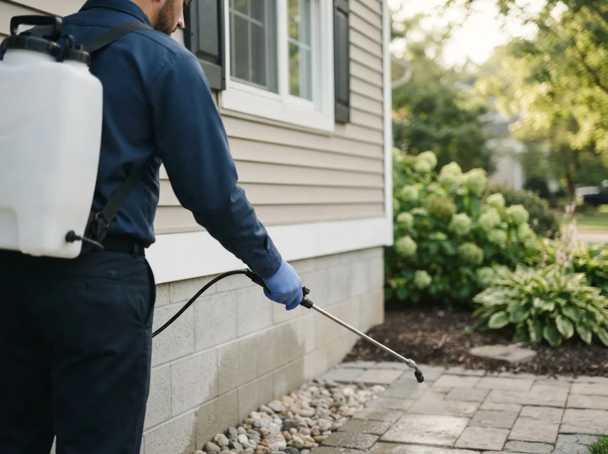 Pest control technician inspecting a home in Monponsett, MA